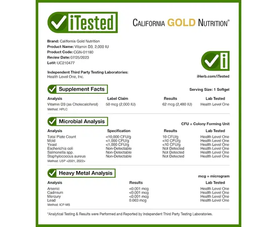 California Gold Nutrition Vitamin D3 50 mcg (2,000 IU) 360 softgels, Фасування: 360 softgels, Концентрація: 2000 IU, Коцентрація: 2000 UI, image , зображення 4