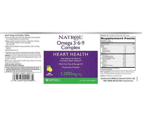 Natrol Omega 3-6-9 Complex 1200 mg 90 softgels Lemon, Фасовка: 90 softgels, image , зображення 4