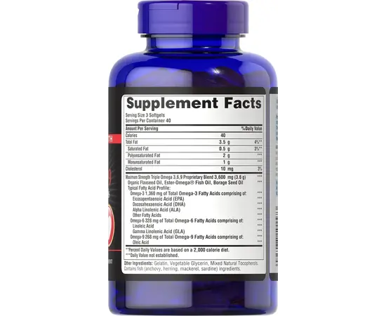 Puritan's Pride Maximum Strength Triple Omega 3-6-9 Fish, Flax Oils 120 softgels, image , зображення 2