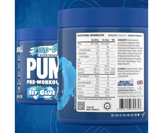 Applied Nutrition Pump Pre - Workout 3G Zero Stim 375 g, Фасовка: 375 g, Вкусы: Icy Blue Raz / Ледяная Голубая Малина, Applied Nutrition Pump Pre - Workout 3G Zero Stim 375 g, Фасовка: 375 g, Вкусы: Icy Blue Raz / Ледяная Голубая Малина , изображение 5 в интернет магазине Mega Mass