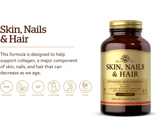 Solgar Skin, Nails & Hair Advanced MSM Formula 120 tabs, Фасування: 120 tabs, image , зображення 3