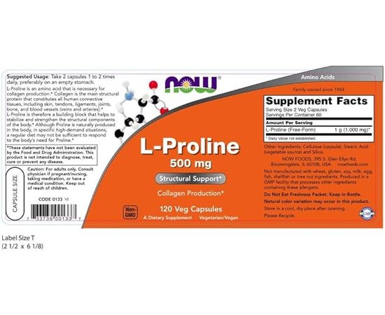 NOW L-Proline 500 mg 120 caps, image , зображення 4