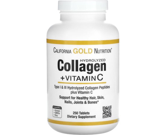 California Gold Nutrition Hydrolyzed Collagen + Vitamin C 250 tabs, California Gold Nutrition Hydrolyzed Collagen + Vitamin C 250 tabs  в интернет магазине Mega Mass