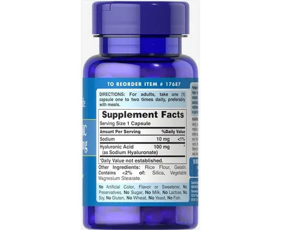 Puritan's Pride Hyaluronic Acid 100 mg 30 caps, Фасовка: 30 caps, Puritan's Pride Hyaluronic Acid 100 mg 30 caps, Фасовка: 30 caps , изображение 2 в интернет магазине Mega Mass