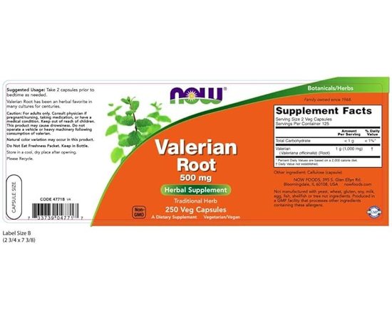 NOW Valerian Root 500 mg 100 veg caps, image , зображення 5