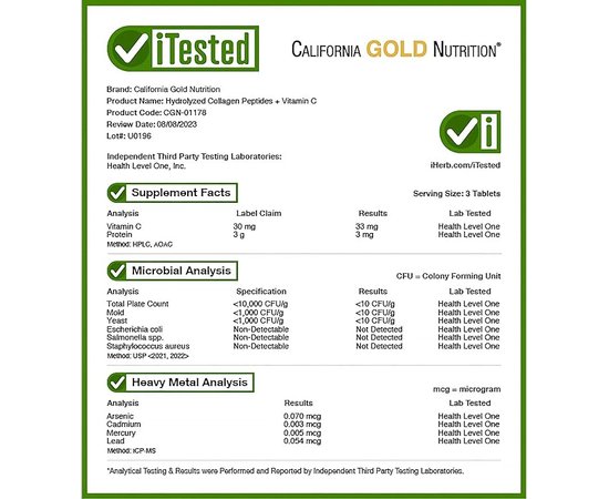 California Gold Nutrition Hydrolyzed Collagen + Vitamin C 250 tabs, image , зображення 6