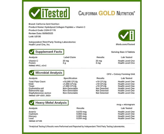California Gold Nutrition Hydrolyzed Collagen + Vitamin C 250 tabs, California Gold Nutrition Hydrolyzed Collagen + Vitamin C 250 tabs , изображение 6 в интернет магазине Mega Mass