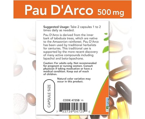 NOW Pau D’Arco 500 mg 100 caps, image , зображення 5