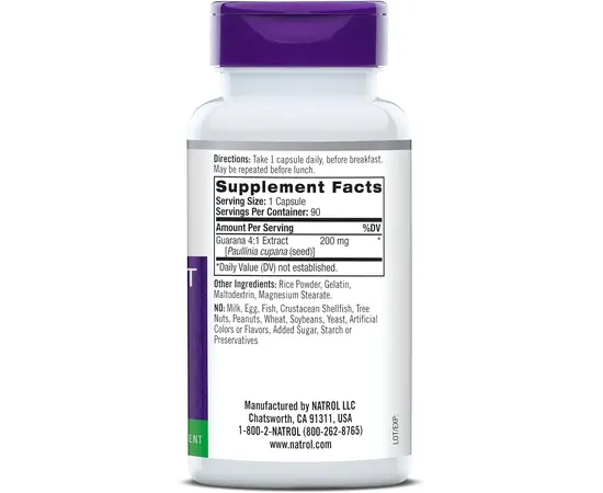 Natrol Guarana 200 mg 90 caps, image , зображення 3