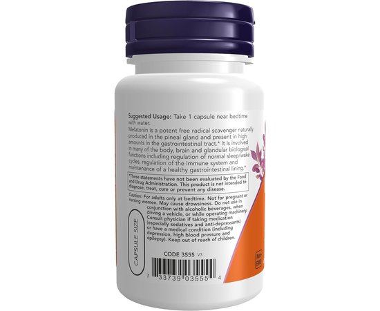 NOW Melatonin 5 mg 60 caps, image , зображення 3