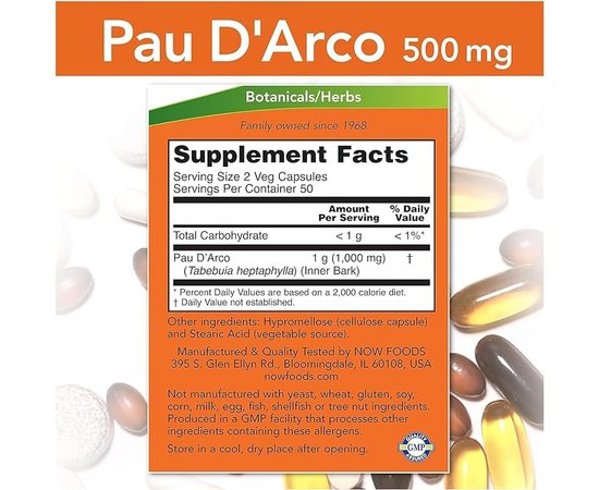 NOW Pau D’Arco 500 mg 100 caps, image , зображення 6