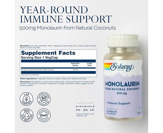 Solaray Monolaurin 500 mg 60 caps, image , зображення 2