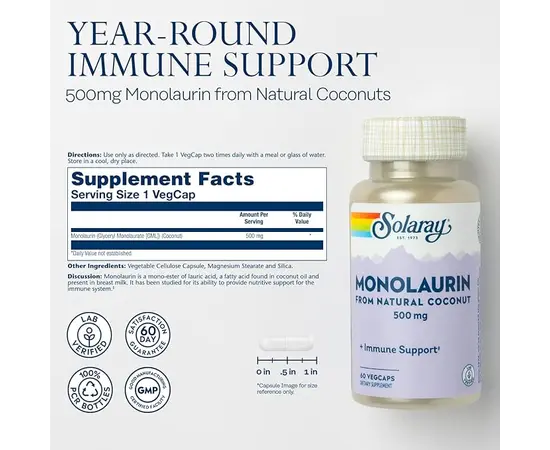 Solaray Monolaurin 500 mg 60 caps, image , зображення 2