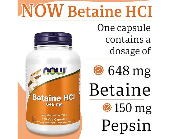 NOW Betaine HCI 648 mg 120 caps, NOW Betaine HCI 648 mg 120 caps , изображение 8 в интернет магазине Mega Mass