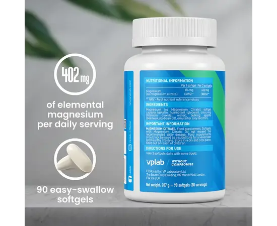 VPLAB Magnesium Citrate 90 softgels, image , зображення 3