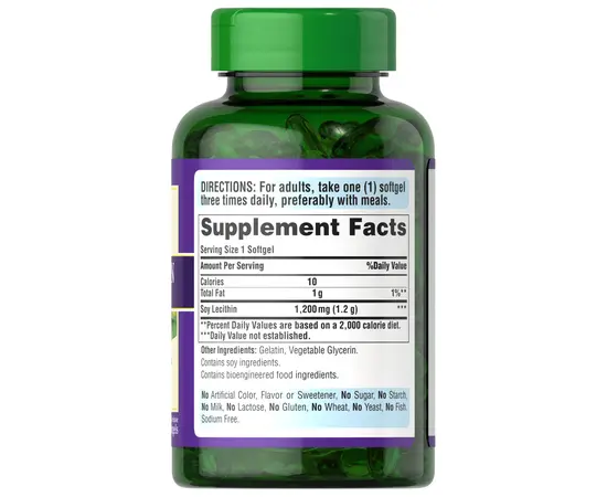 Puritan's Pride Soy Lecithin 1200 mg 100 softgels, Фасування: 100 softgels, Концентрація: 1200 mg, image , зображення 2