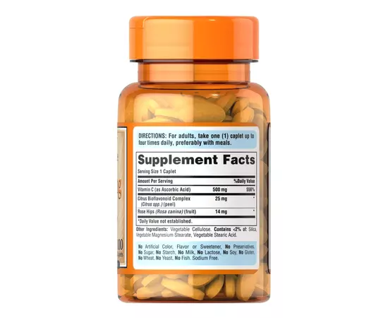 Puritan's Pride Vitamin C-500 mg with Bioflavonoids and Rose Hips 100 tabs, Фасування: 100 tabs, Концентрація: 500 mg, Коцентрація: 500 mg, image , зображення 2