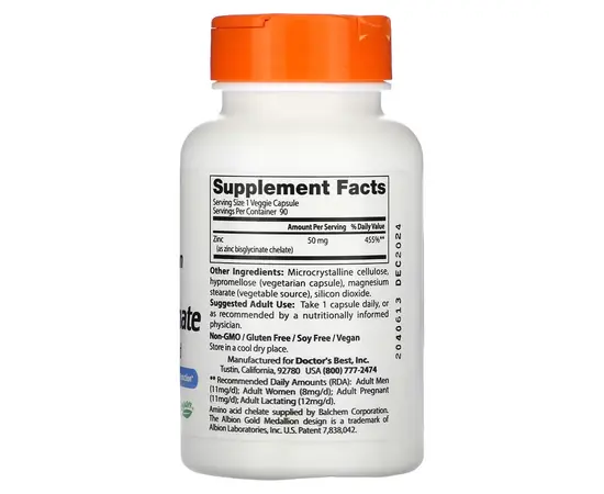 Doctor's Best High Absorption Zinc Bisglycinate 50 mg 90 caps, Doctor's Best High Absorption Zinc Bisglycinate 50 mg 90 caps , изображение 2 в интернет магазине Mega Mass