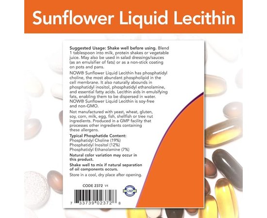 NOW Sunflower Liquid Lecithin 473 ml, image , зображення 4