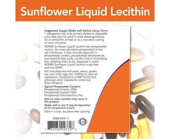 NOW Sunflower Liquid Lecithin 473 ml, image , зображення 4