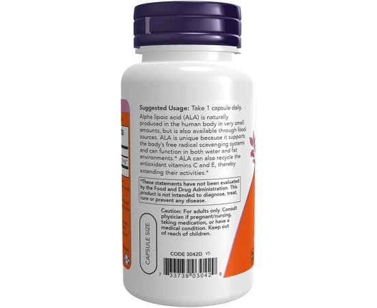 NOW Alpha Lipoic Acid 250 mg 60 caps, image , зображення 3