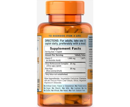 Puritan's Pride Vitamin C-1000 mg with Bioflavonoids and Rose Hips 100 tabs, Фасовка: 100 tabs, Концентрація: 1000 mg, Коцентрація: 1000 mg, image , зображення 2