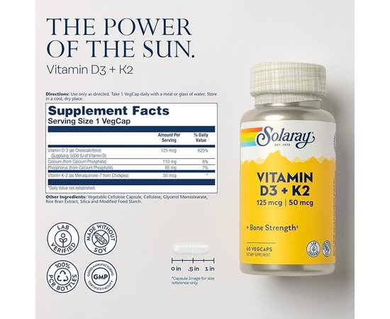 Solaray Vitamin D3 + K2 (125 mcg + 50 mcg) 60 caps, image , зображення 2