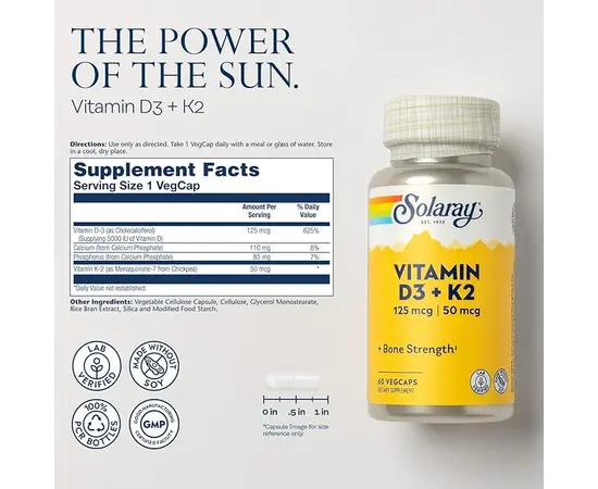 Solaray Vitamin D3 + K2 (125 mcg + 50 mcg) 60 caps, Фасування: 60 caps, Коцентрація: 5000 UI, image , зображення 2