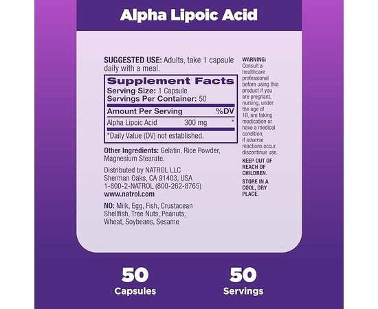 Natrol Alpha Lipoic Acid 300 mg 50 caps, image , зображення 5