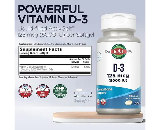 KAL D3 125 mcg (5000 IU) 90 softgel, image , зображення 2