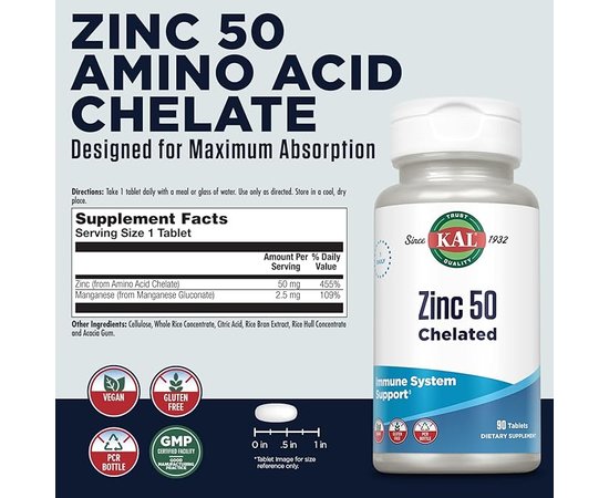 KAL Chelated Zink 50 mg 90 tabs, KAL Chelated Zink 50 mg 90 tabs , изображение 2 в интернет магазине Mega Mass