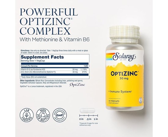 Solaray OptiZinc 30 mg 60 caps, image , зображення 2