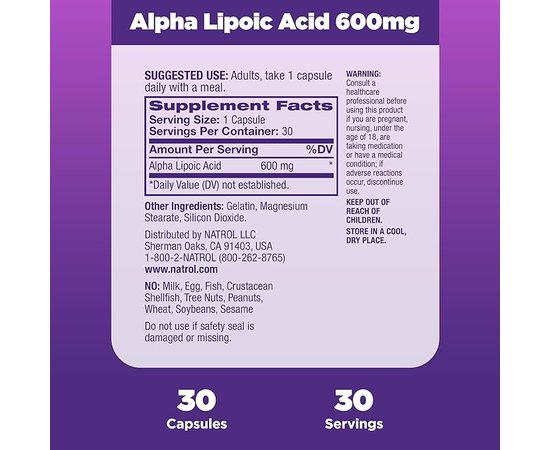 Natrol Alpha Lipoic Acid 600 mg 30 caps, image , зображення 6