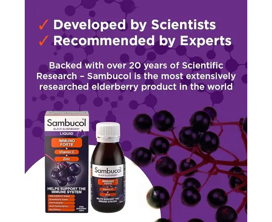 Sambucol Black Elderberry Immuno Forte Vitamin C + Zink 120 ml, Sambucol Black Elderberry Immuno Forte Vitamin C + Zink 120 ml , изображение 3 в интернет магазине Mega Mass