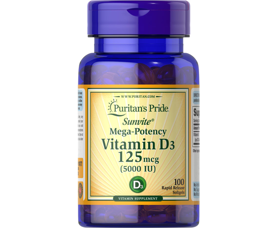 Puritan's Pride Vitamin D3 125 mcg/5000 IU 100 softgels, image 