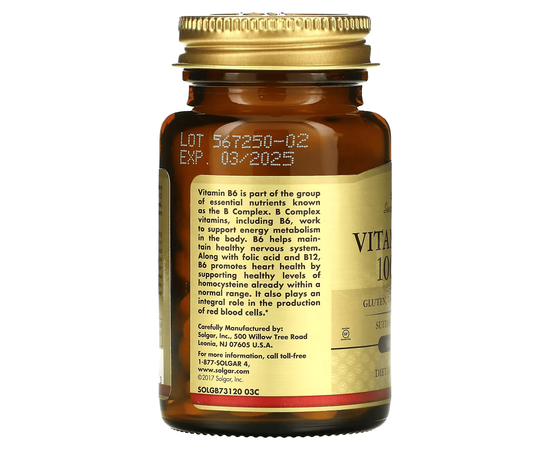Solgar Vitamin B-6 100 mg 100 tabs, image , зображення 4