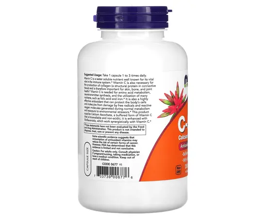 NOW C-500 Calcium Ascorbate - C 250 caps, Фасування: 250 caps, Концентрація: 500 mg, Коцентрація: 1000 mg, image , зображення 3