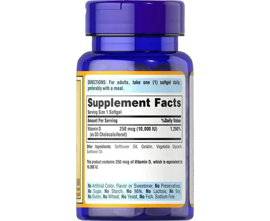 Puritan's Pride Vitamin D3 250 mcg/10000 IU 100 softgels, Фасування: 100 softgels, Концентрація: 10000 IU, image , зображення 2