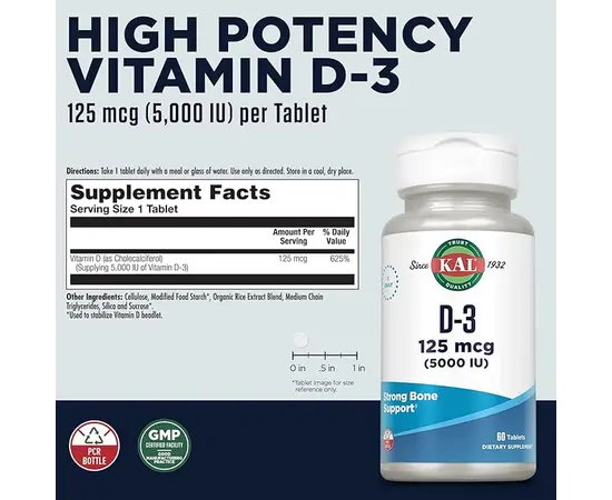 KAL D3 125 mcg (5000 IU) 60 tabs, image , зображення 2