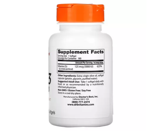 Doctor's Best Vitamin D3 5000IU 180 softgels, image , зображення 2