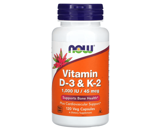 NOW Vitamin D-3 & K-2 1000 IU / 45 mcg 120 caps, image 