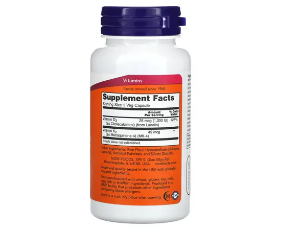 NOW Vitamin D-3 & K-2 1000 IU / 45 mcg 120 caps, Фасування: 120 caps, Концентрація: 1000 IU, image , зображення 2