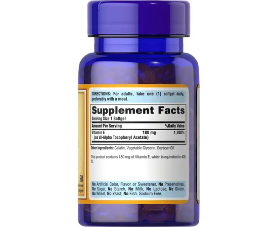 Puritan's Pride E-180 mg (400 IU) 50 softgels, Фасування: 50 softgels, Коцентрація: 180 mcg, image , зображення 2
