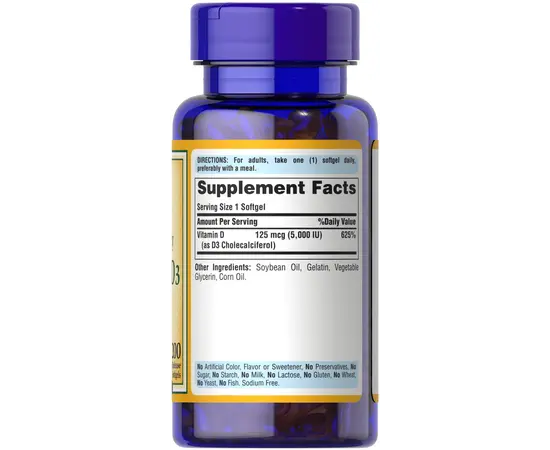 Puritan's Pride Vitamin D3 125 mcg/5000 IU 200 softgels, Фасування: 200 softgels, Концентрація: 5000 IU, image , зображення 2