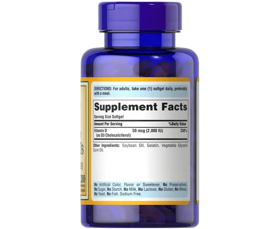 Puritan's Pride Vitamin D3 50 mcg 2000 IU 200 softgels, Фасування: 200 softgels, Концентрація: 2000 IU, image , зображення 2