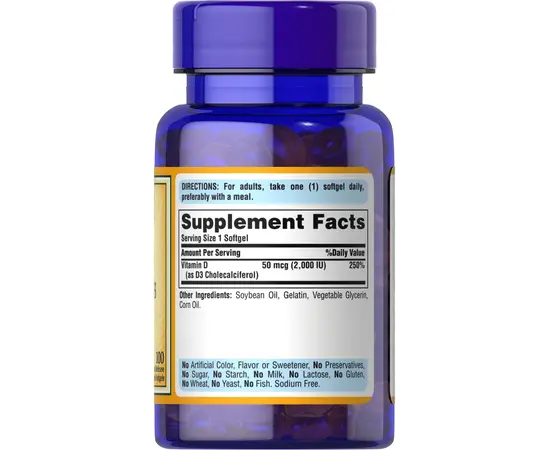 Puritan's Pride Vitamin D3 50 mcg 2000 IU 100 softgels, Фасування: 100 softgels, Концентрація: 2000 IU, image , зображення 2