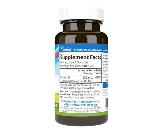 Carlson Vitamin D3 125 mcg (5000 IU) 120 softgels, image , зображення 2