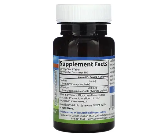 Carlson Chelated Chromium 200 mcg 100 tabs, image , зображення 2
