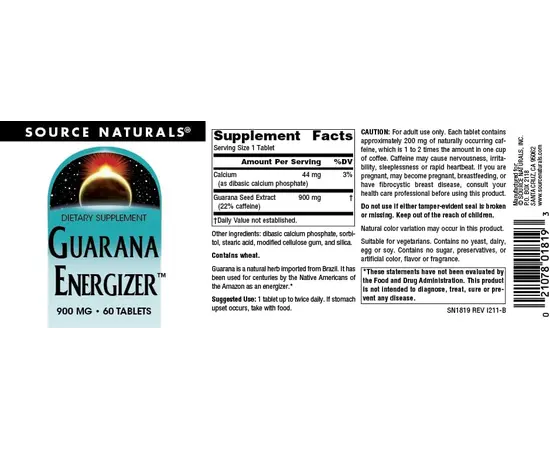 Source Naturals Guarana Energizer 900 mg 60 tabs, Source Naturals Guarana Energizer 900 mg 60 tabs , изображение 4 в интернет магазине Mega Mass
