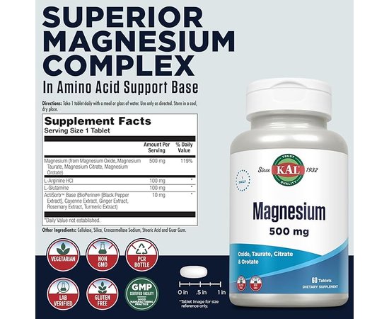 KAL Magnesium 500 mg 60 tabs, KAL Magnesium 500 mg 60 tabs , изображение 2 в интернет магазине Mega Mass